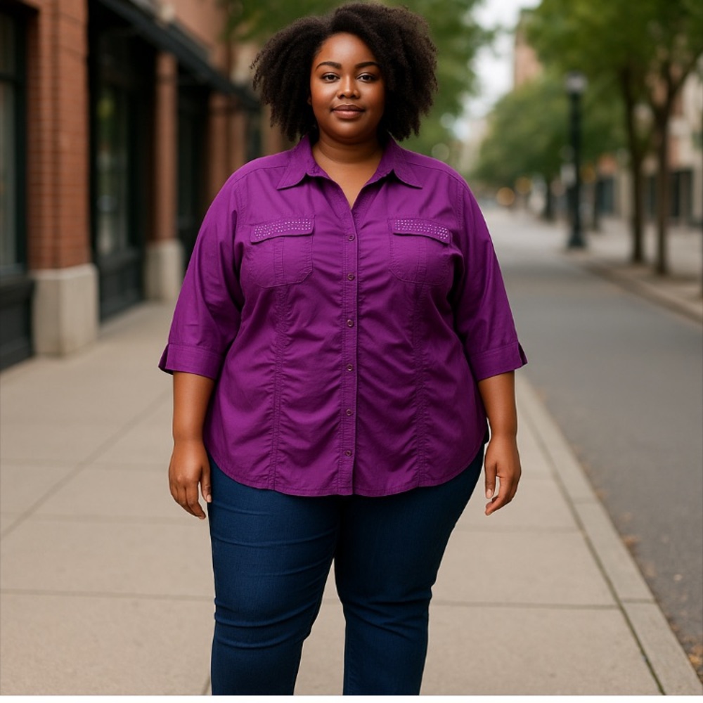 -NWOT Lane Bryant Embellished Blouse Womens Plus 2628 Purple Button Roll Tab Slv